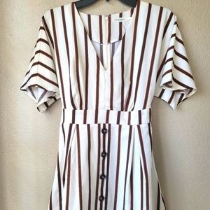 Womens striped dress | beige/tan/brown | cinch waist thigh length | M